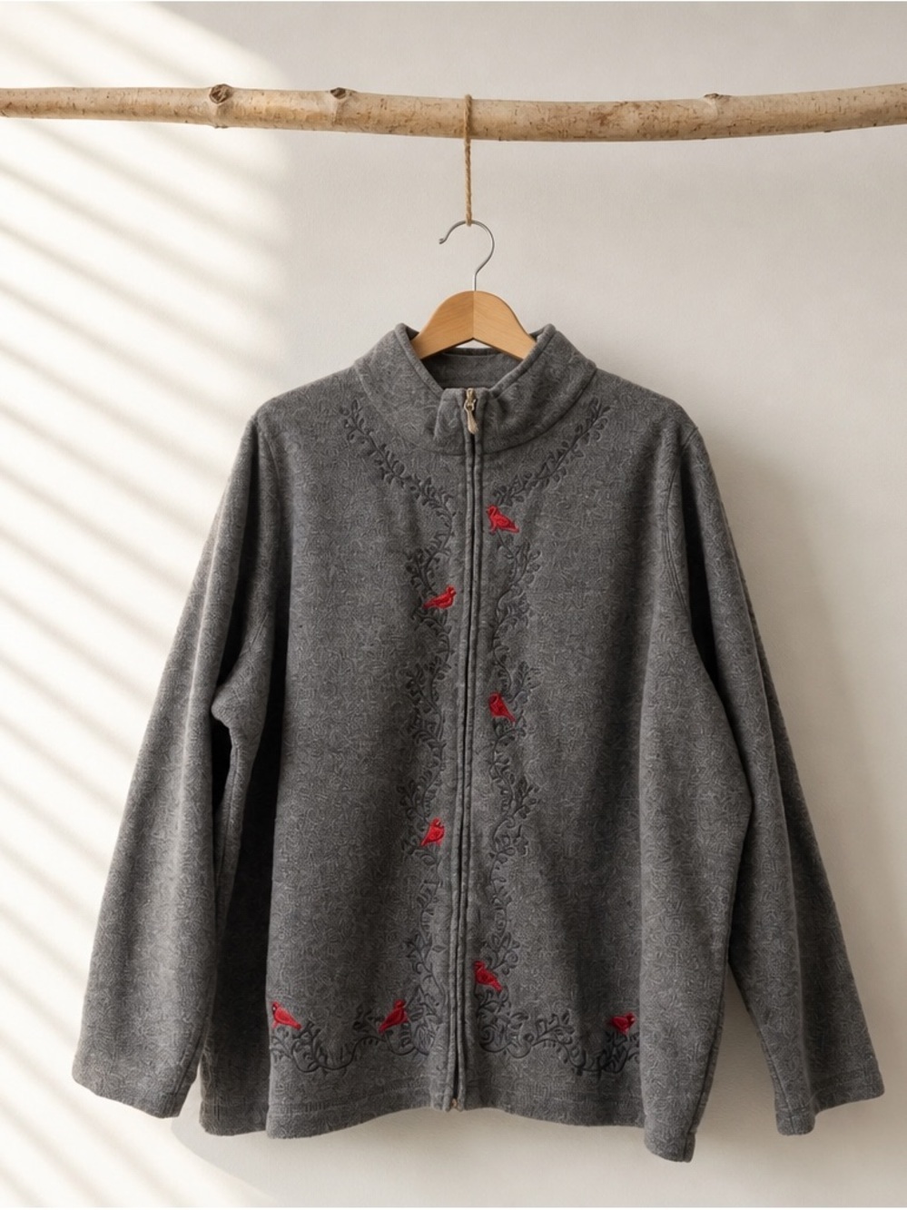 Vintage Croft & Barrow Gray Full‑Zip Fleece Jacket with Red Bird Embroidery